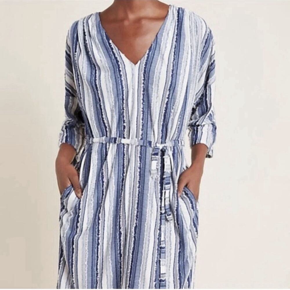 Anthropologie Porridge Sheena Striped Dress Small Textured Belt Pockets Coastal